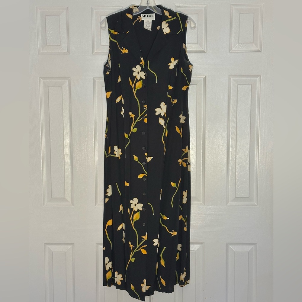 Vintage Studio I Black Floral Collared Button Down Maxi Dress, size 14W